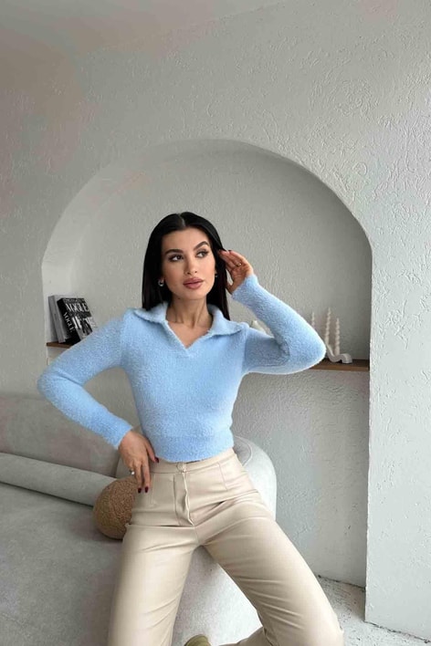 Polo Yaka Yumoş Kazak Bebe Mavi