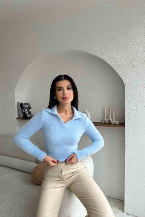 Polo Yaka Yumoş Kazak Bebe Mavi