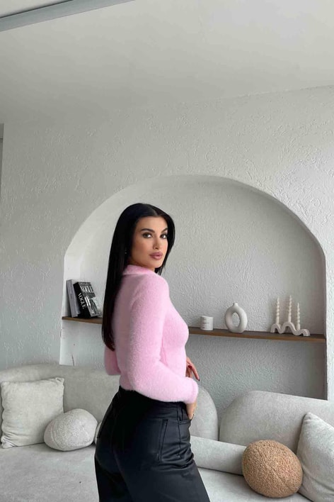 Polo Yaka Yumoş Kazak Şeker Pembe