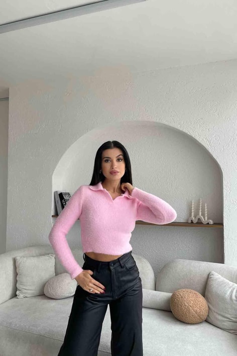 Polo Yaka Yumoş Kazak Şeker Pembe