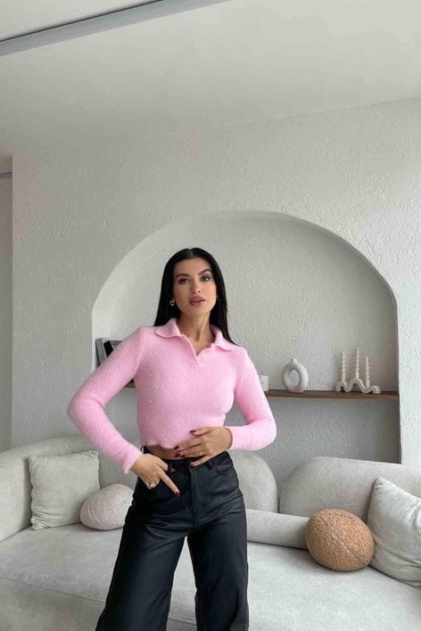 Polo Yaka Yumoş Kazak Şeker Pembe
