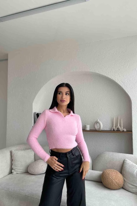 Polo Yaka Yumoş Kazak Şeker Pembe