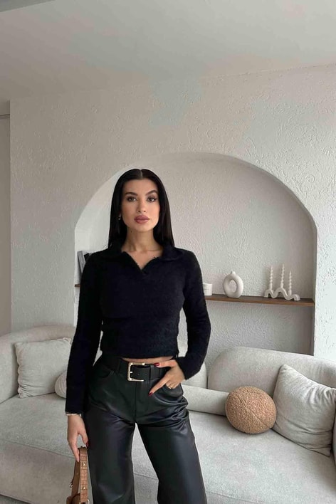 Polo Yaka Yumoş Kazak Siyah