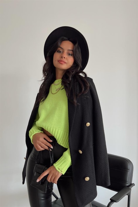 Saçaklı Crop Triko Kazak Neon Yeşil
