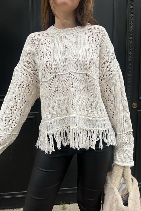 Saçaklı Örme Triko Ekru