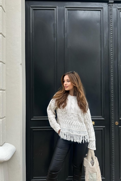 Saçaklı Örme Triko Ekru