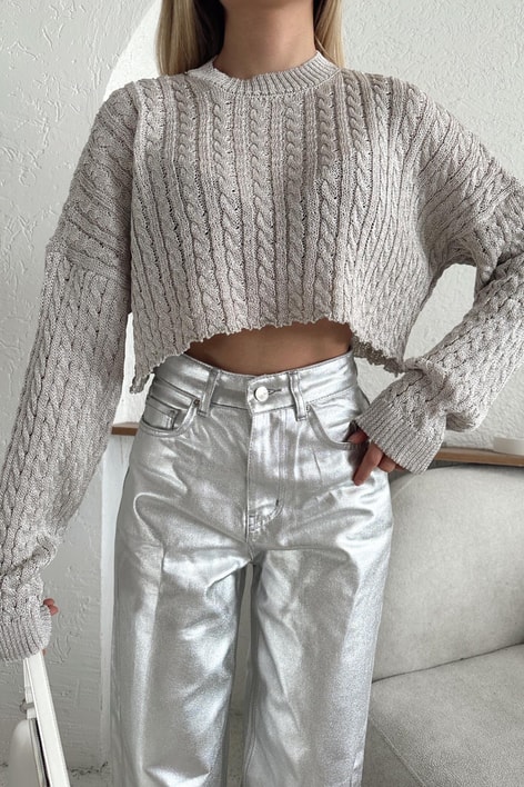 Simli Crop Triko Kazak Bej