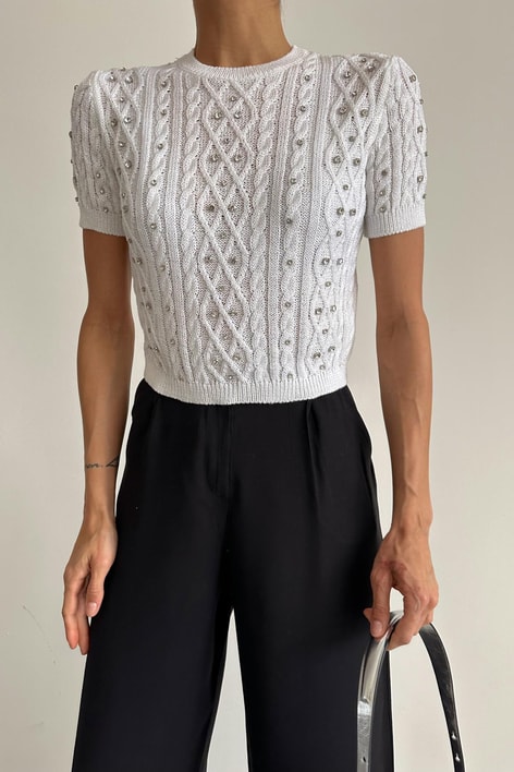 Taşlı Kısa Kol Triko Beyaz