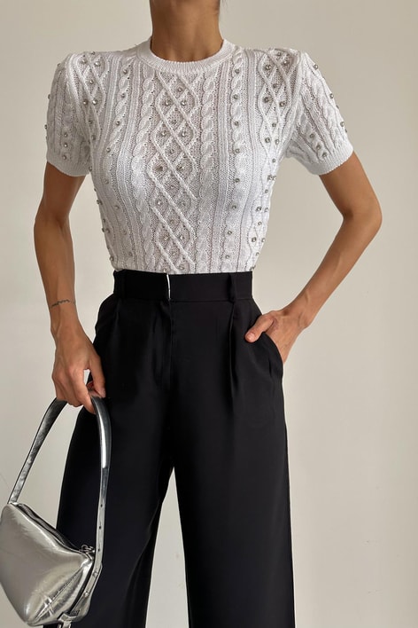 Taşlı Kısa Kol Triko Beyaz