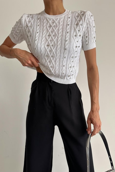 Taşlı Kısa Kol Triko Beyaz