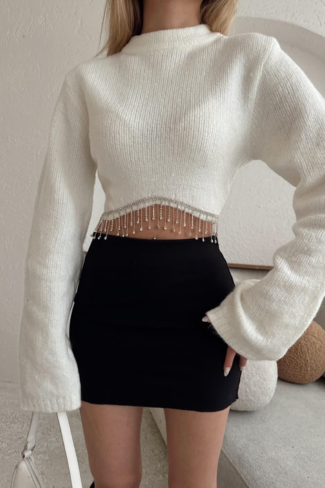 Taşlı Wave Kazak Krem