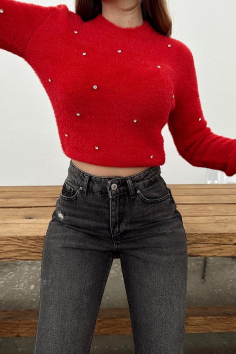 Taşlı Yumoş Kazak Kırmızı