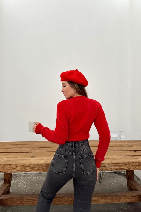 Taşlı Yumoş Kazak Kırmızı