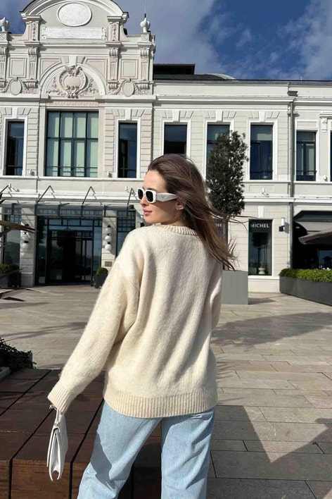 Tiftik Karısımlı Yün Kazak Krem