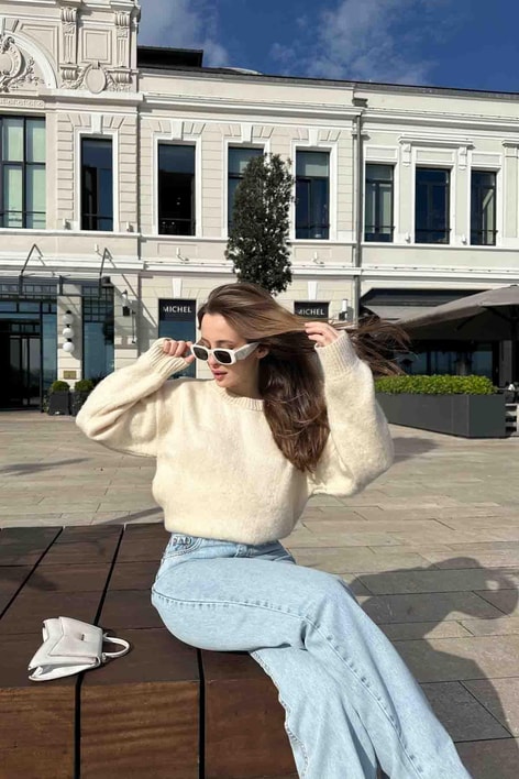 Tiftik Karısımlı Yün Kazak Krem