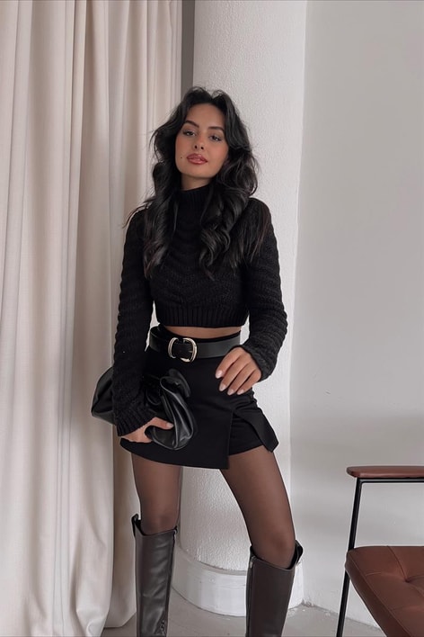 V Örgü Crop Triko Kazak Siyah