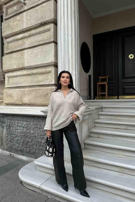 V Yaka Oversize Kazak Bej