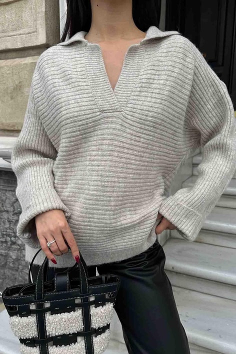 V Yaka Oversize Kazak Bej