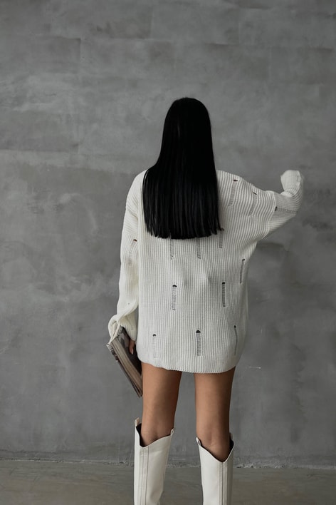 Yırtık Detay Triko Kazak Krem