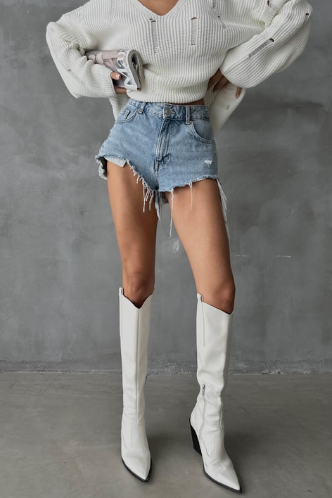 Yırtık Detay Triko Kazak Krem