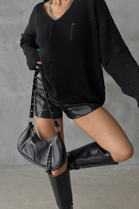 Yırtık Detay Triko Kazak Siyah