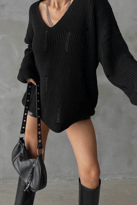 Yırtık Detay Triko Kazak Siyah