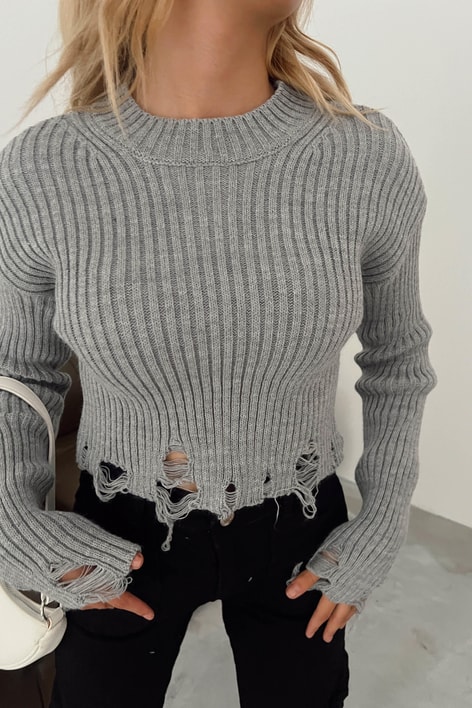 Yırtık Detaylı Triko Crop Kazak Gri