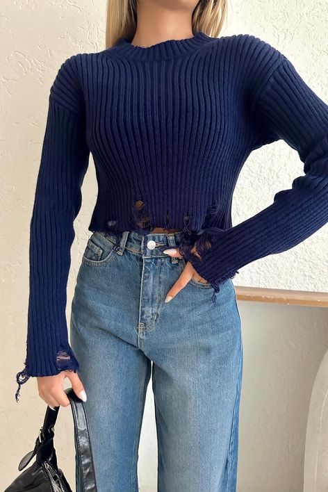 Yırtık Detaylı Triko Crop Kazak Lacivert