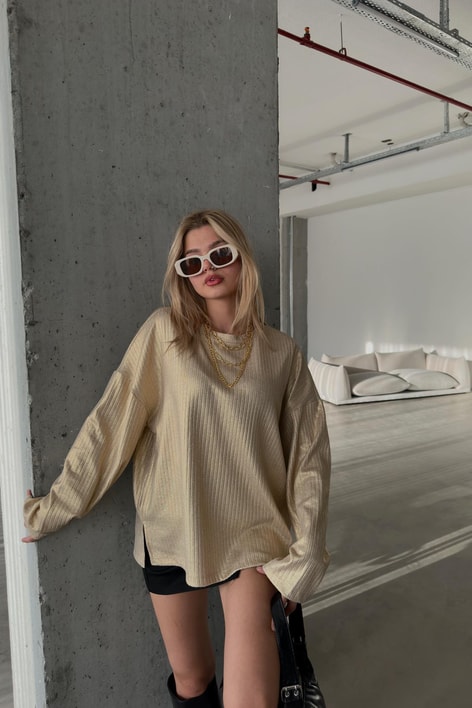 Yırtmaç Detay Metalik Kazak Gold