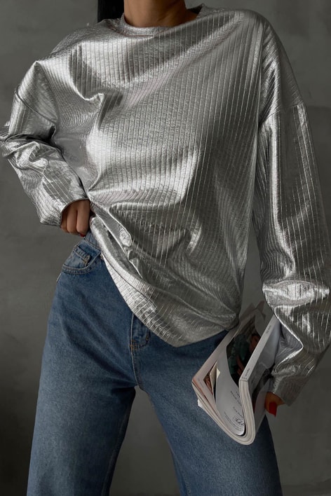 Yırtmaç Detay Metalik Kazak Gümüş