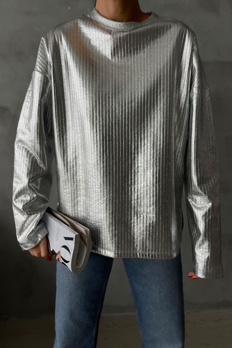 Yırtmaç Detay Metalik Kazak Gümüş