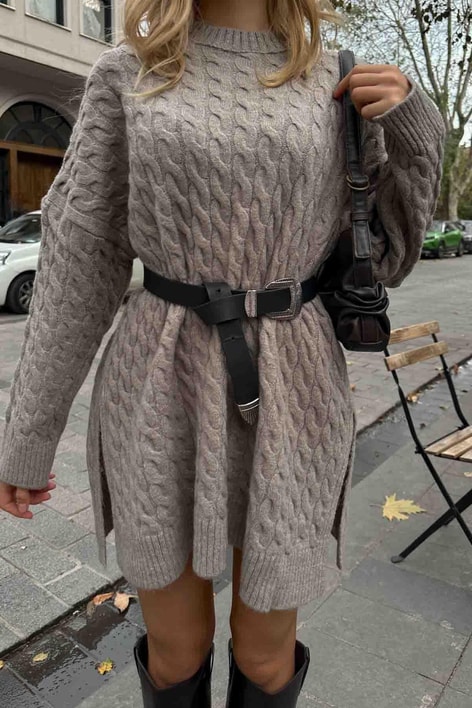 Yırtmaç Detay Örgü Kazak Vizon