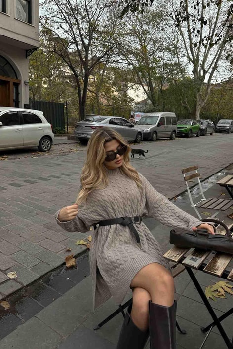 Yırtmaç Detay Örgü Kazak Vizon