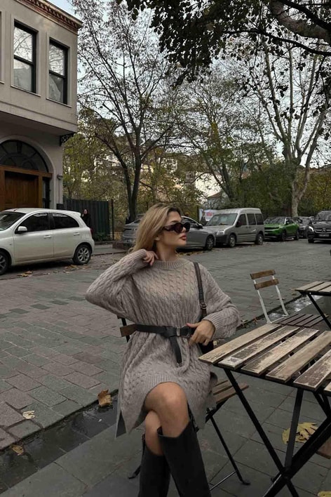 Yırtmaç Detay Örgü Kazak Vizon