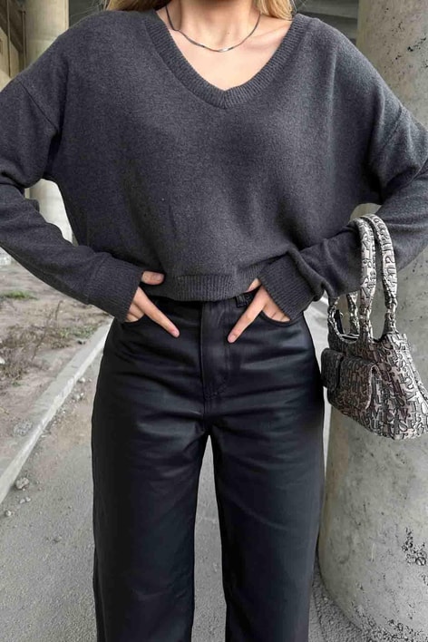 Yumoş Dokuma V Yaka Kazak Antrasit