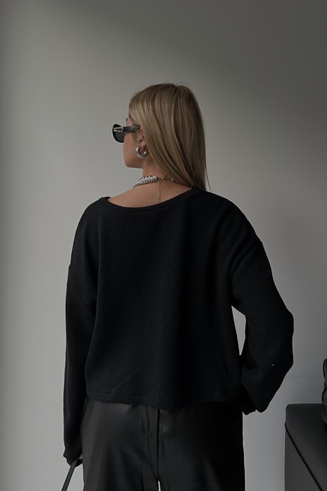 Yuvarlak Yaka Triko Crop Kazak Siyah