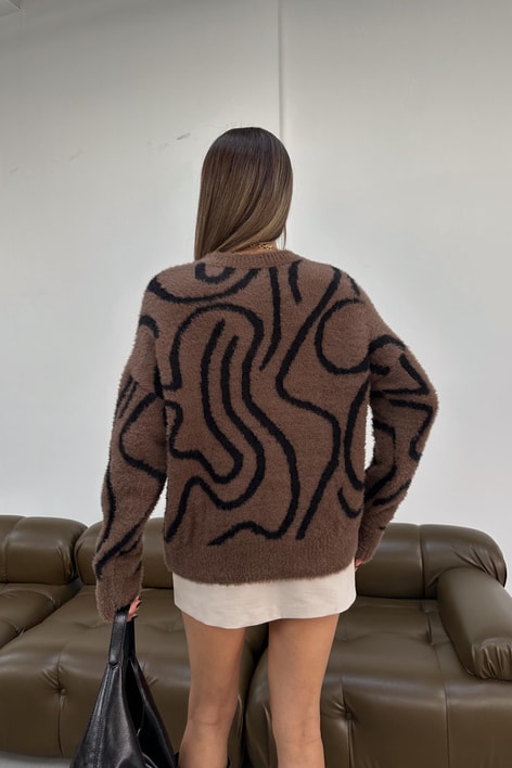 Zebra Desen Peluş Triko Kazak Kahverengi