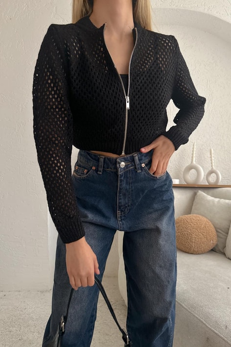 Zip Detay Delikli Triko Hırka Siyah
