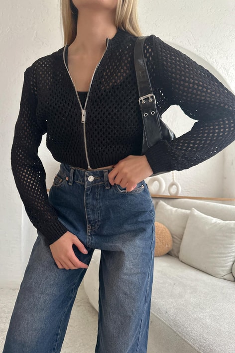 Zip Detay Delikli Triko Hırka Siyah