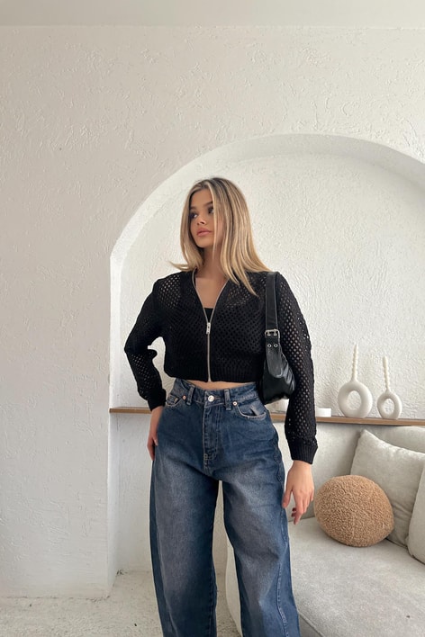 Zip Detay Delikli Triko Hırka Siyah