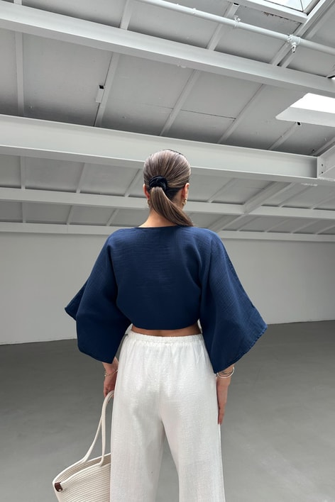 Bağlamalı Kısa Kimono Lacivert