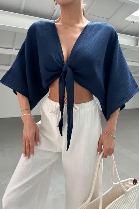 Bağlamalı Kısa Kimono Lacivert
