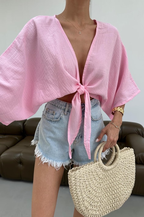 Bağlamalı Kısa Kimono Pembe