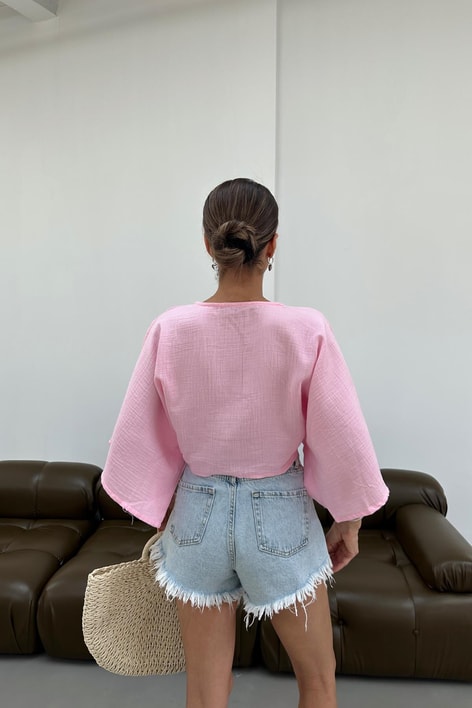 Bağlamalı Kısa Kimono Pembe