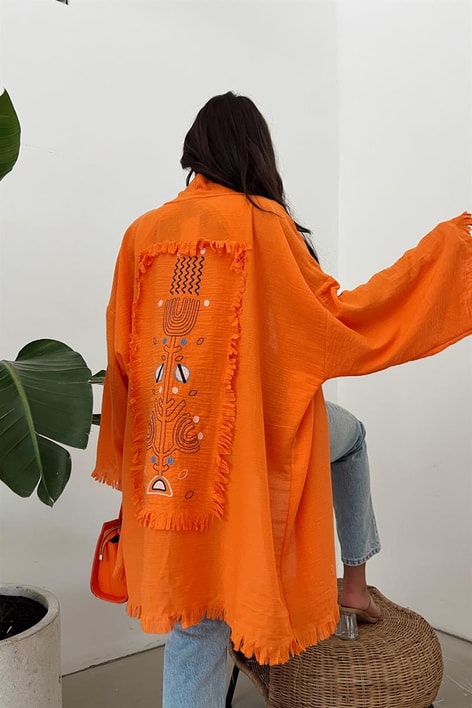 Bohem Baskı Püskül Kimono Oranj
