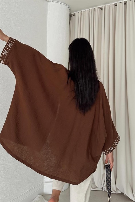 Etnik İşlemeli Keten Kimono Kahve