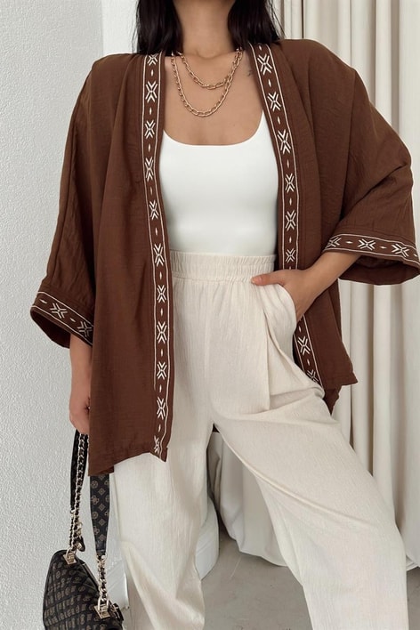 Etnik İşlemeli Keten Kimono Kahve
