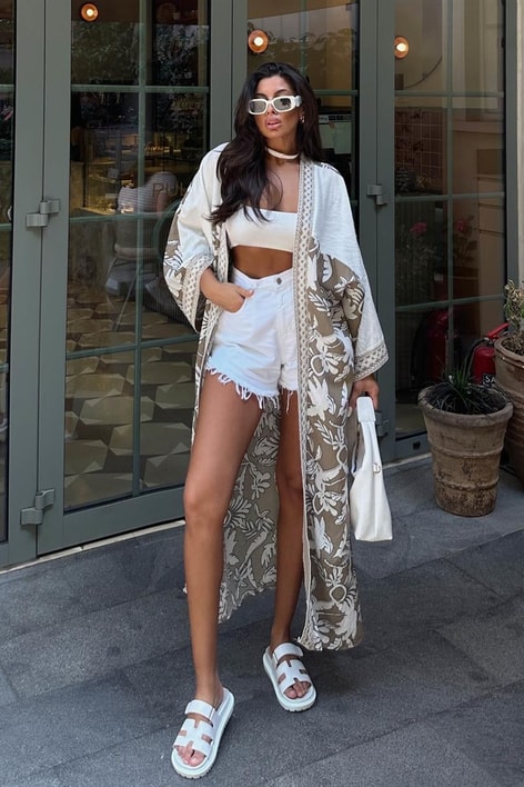 Yaprak Desen Etnik Kimono Vizon