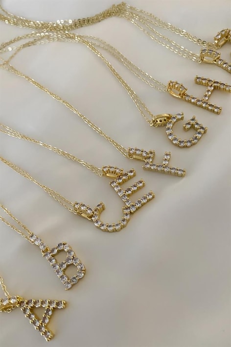 F Harfli Taşlı Kolye Gold