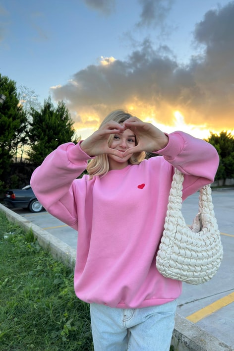 Mini Kalp Nakışlı Sweatshirt Pembe